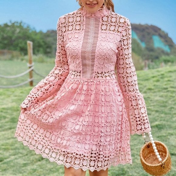 Mesh Insert Mock Neck Flounce Sleeve Lace Dress PINK - Picture 4 of 7